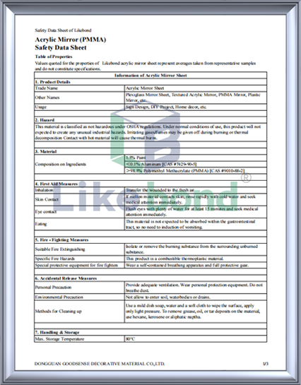 Acrylic mirror SGS certificate